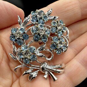 Vintage Brooch Silver Tone Light Blue Rhinestones Floral Bouquet
